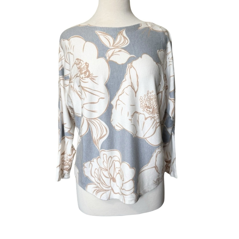 Sioni Floral Print Dolman Sleeve Soft Sweater Knit Top Size Large Blue White Tan